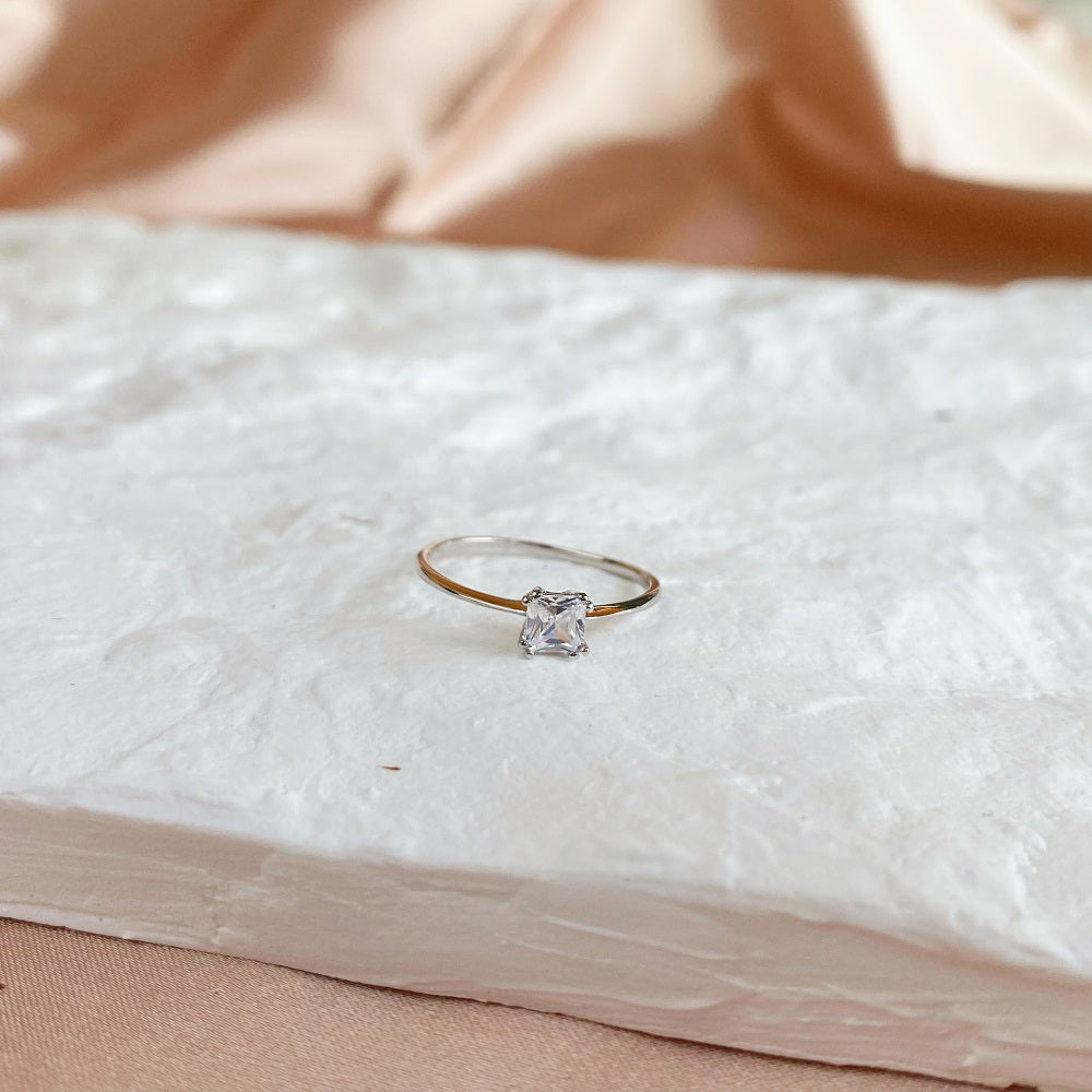 Silver Zircon Cushion Square Cut Simple Solitaire Ring