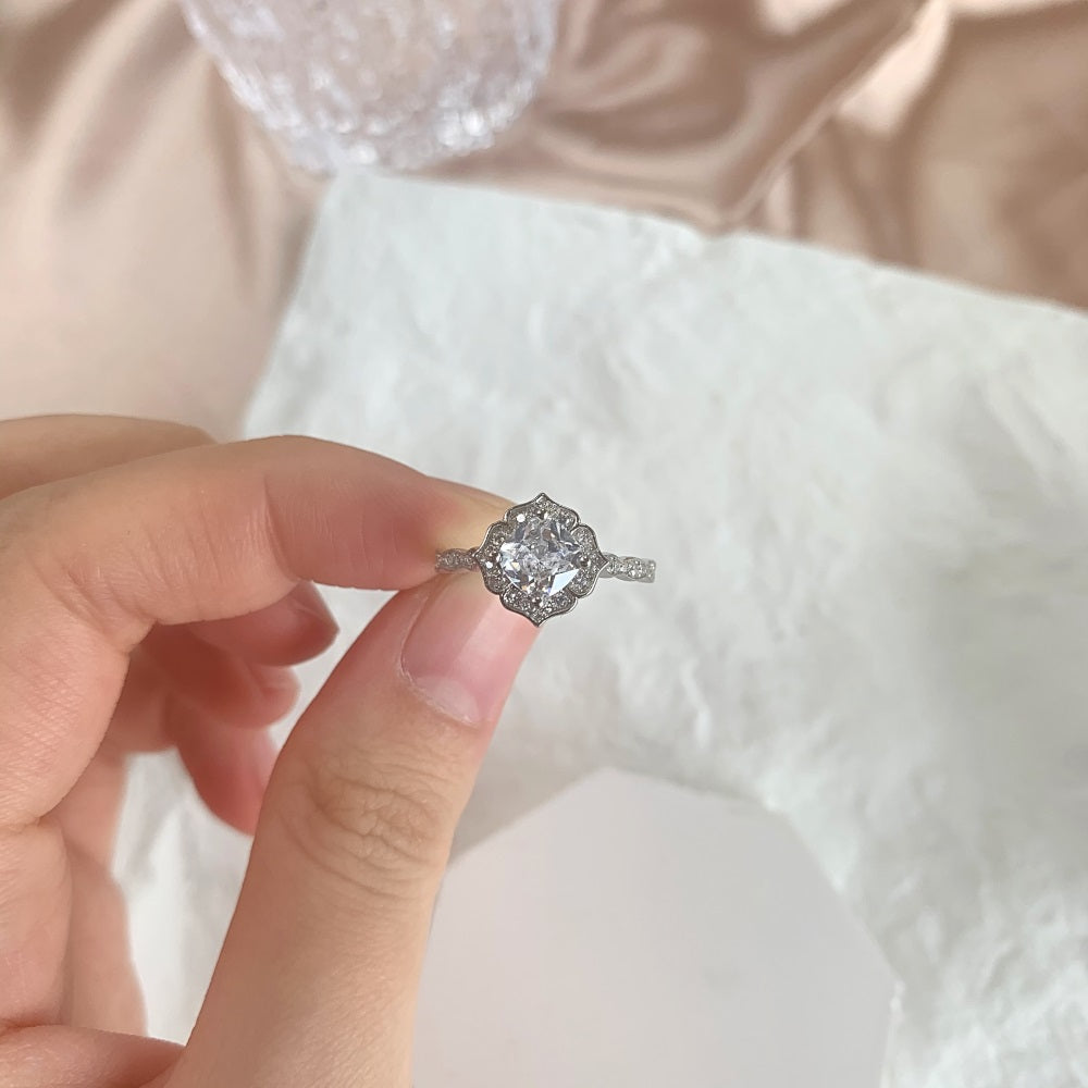 Silver Zircon Cushion Square Cut Iced Flower Halo Ring