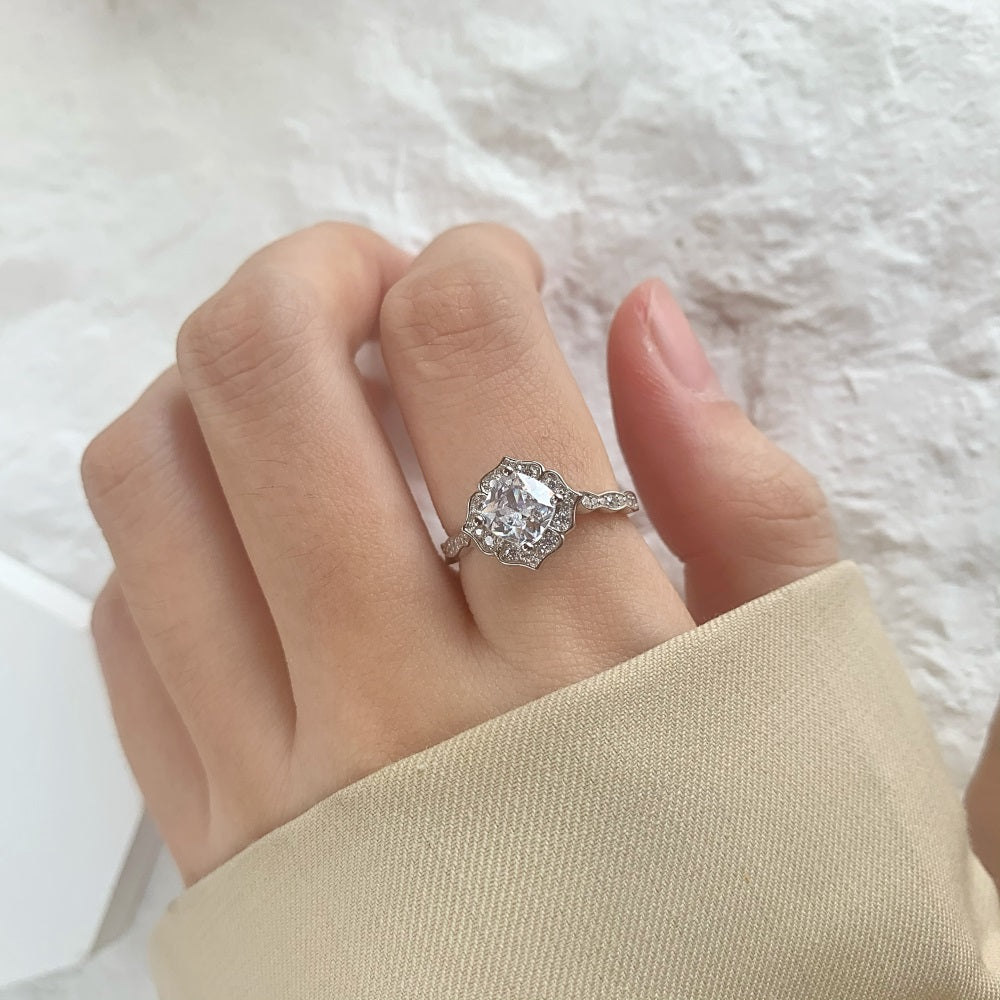 Silver Zircon Cushion Square Cut Iced Flower Halo Ring