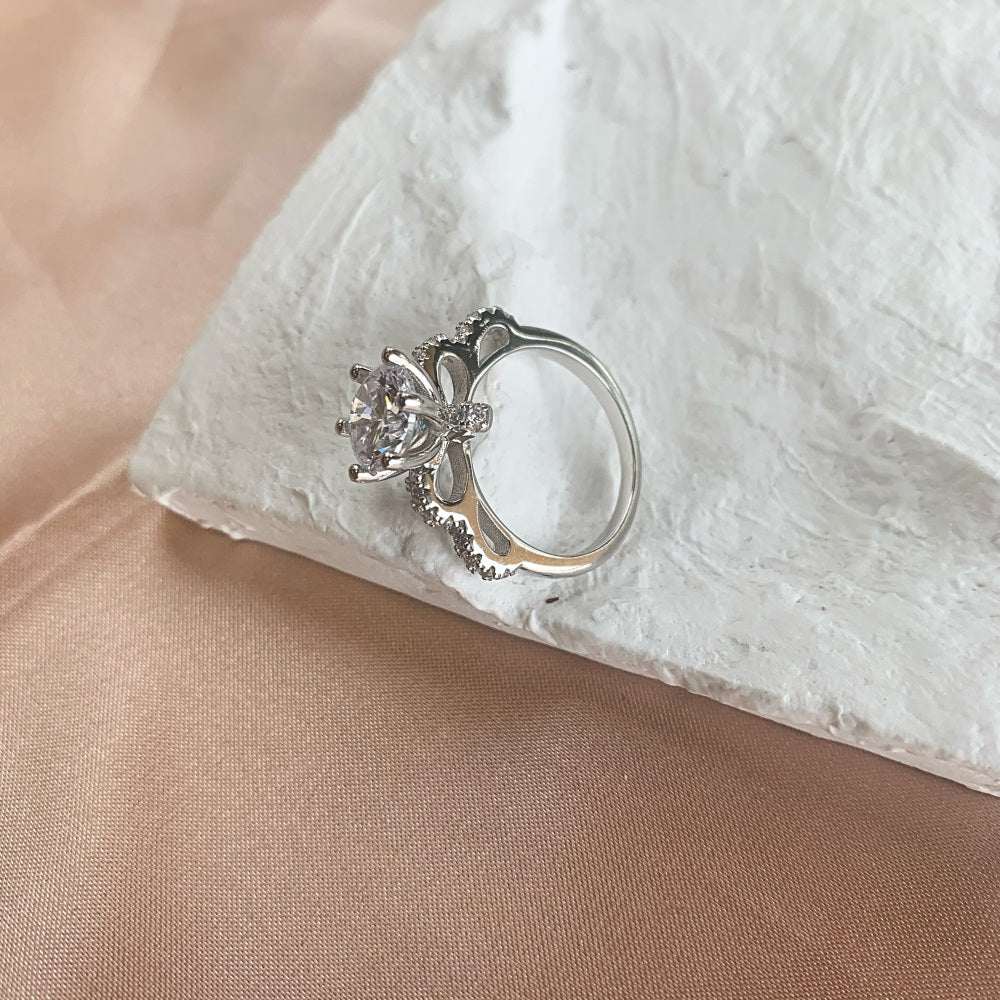 Silver Zircon Round Cut Raised Multi Shape Halo Ring