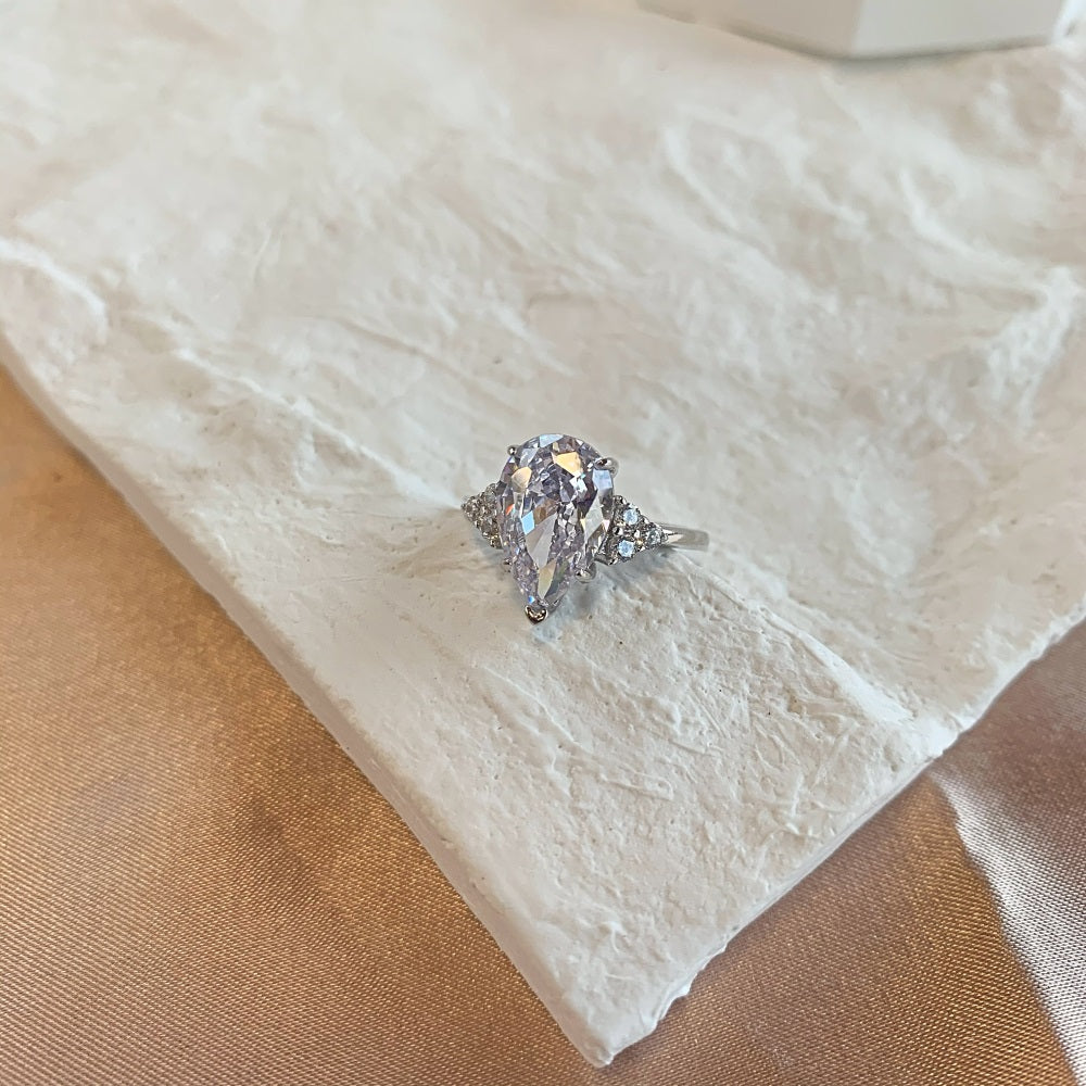 Silver Zircon Pear Cut Water Drop Trilogy Three Stone Ring