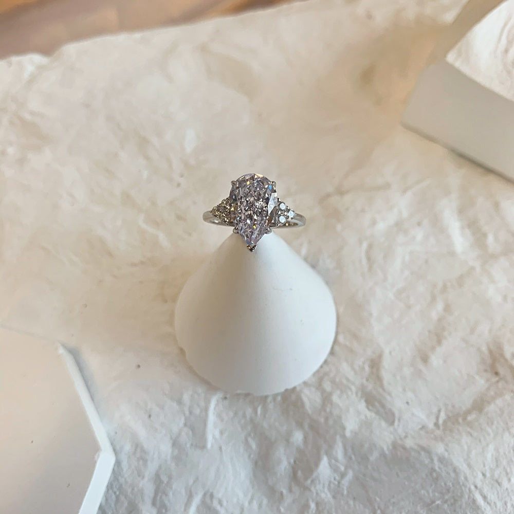 Silver Zircon Pear Cut Water Drop Trilogy Three Stone Ring