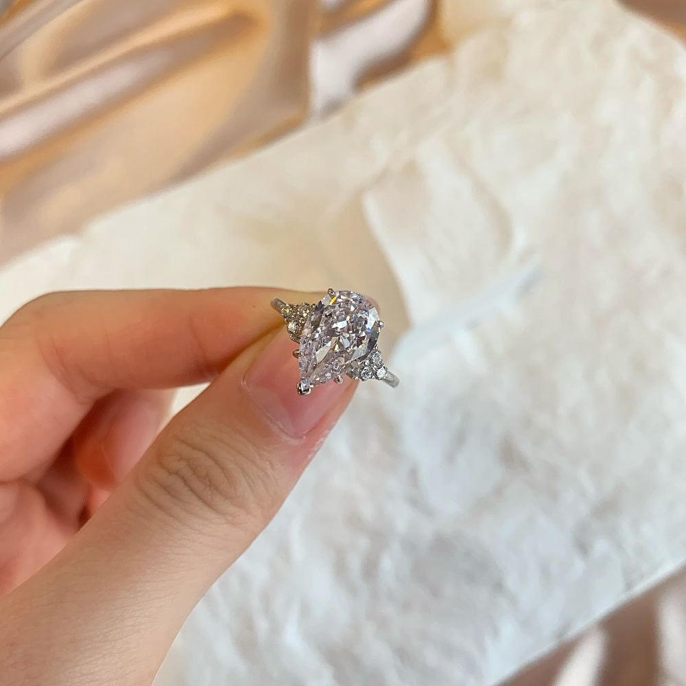 Silver Zircon Pear Cut Water Drop Trilogy Three Stone Ring