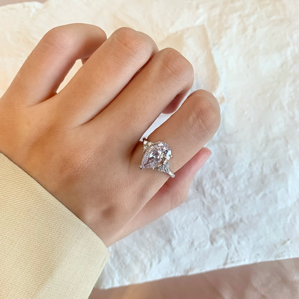Silver Zircon Pear Cut Water Drop Trilogy Three Stone Ring
