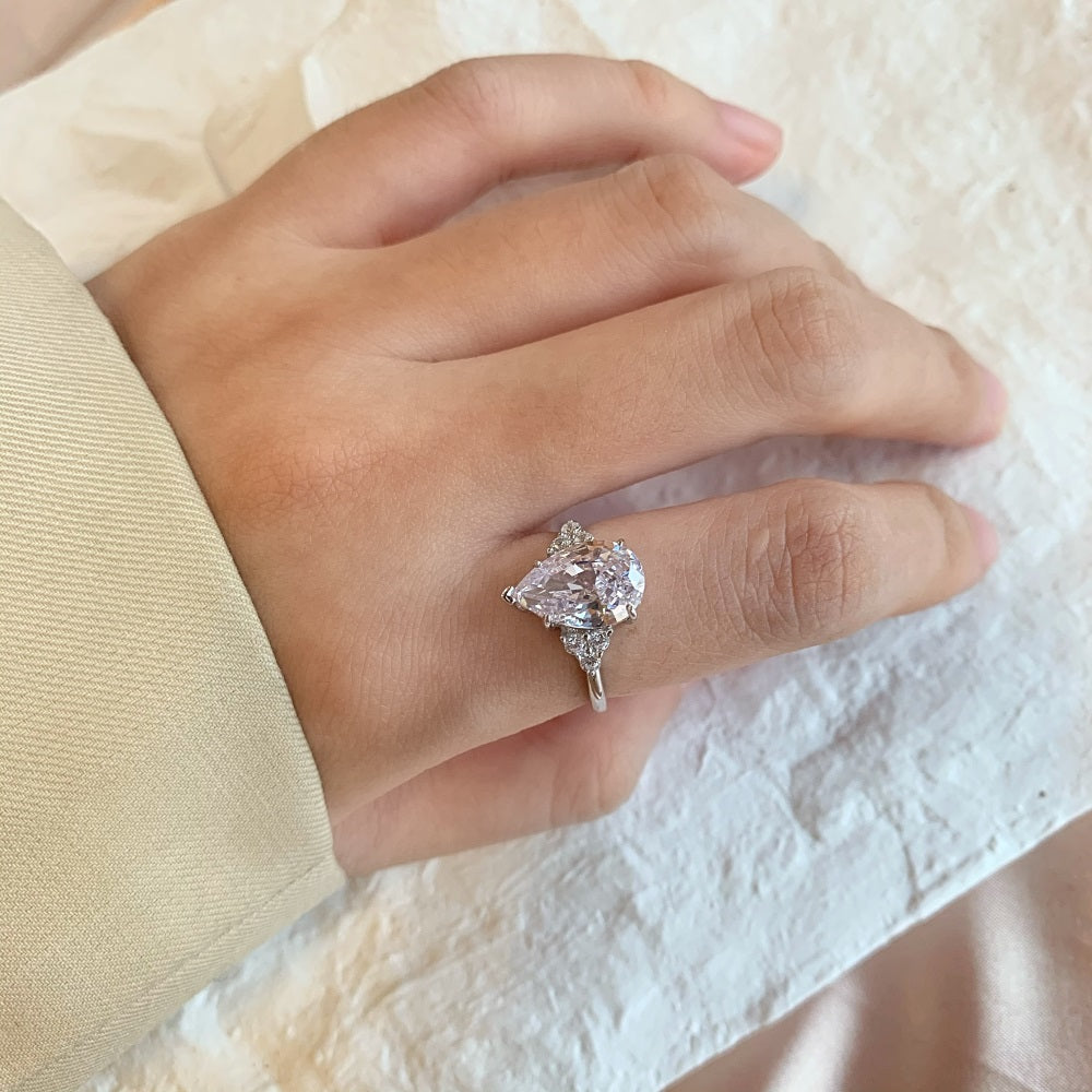 Silver Zircon Pear Cut Water Drop Trilogy Three Stone Ring