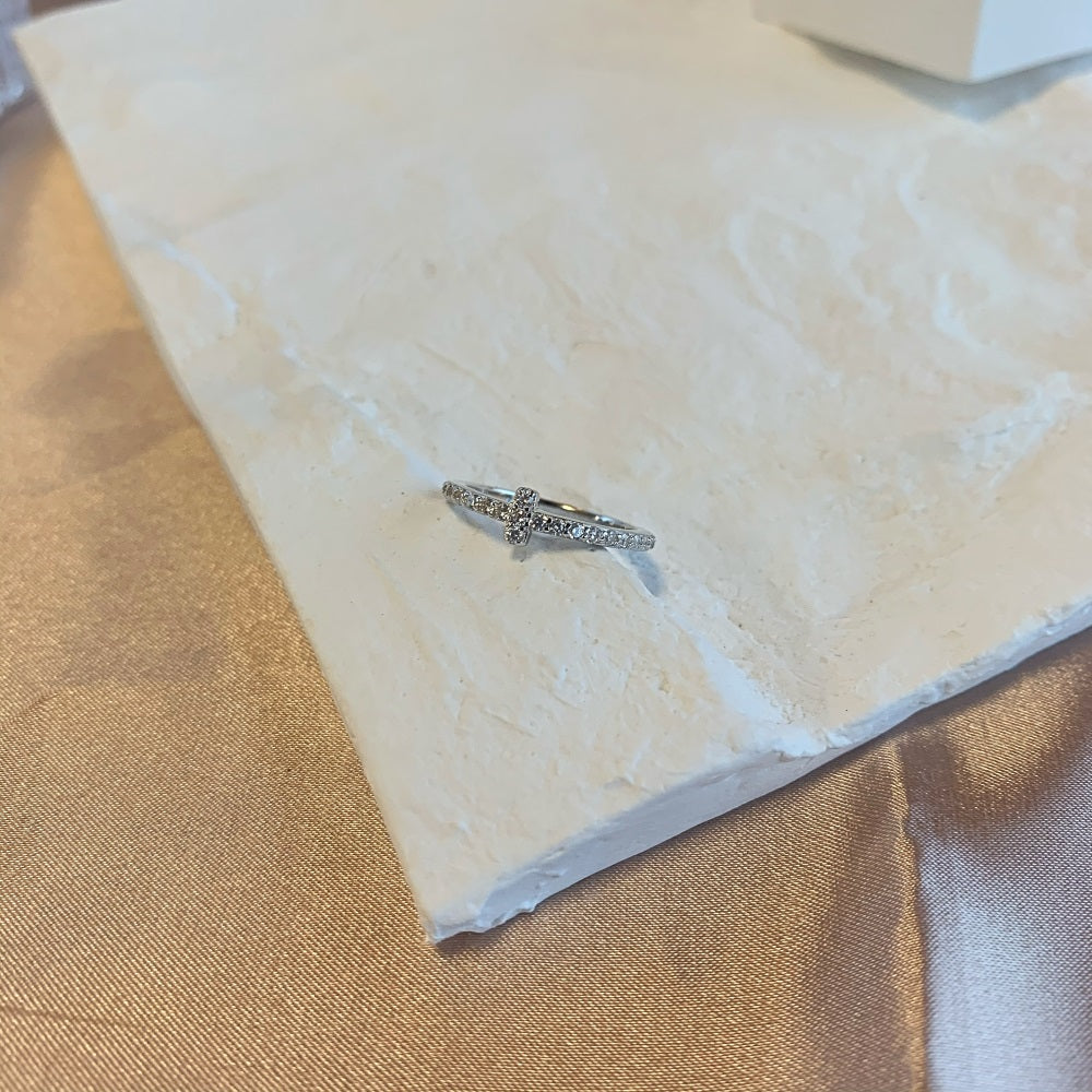 Silver Zircon Round Cut Cross Dainty Ring