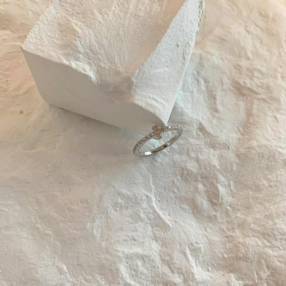 Silver Zircon Round Cut Cross Dainty Ring