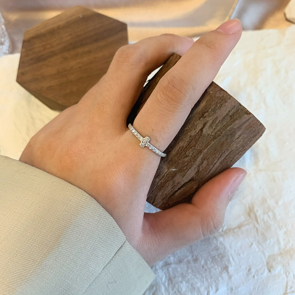 Silver Zircon Round Cut Cross Dainty Ring