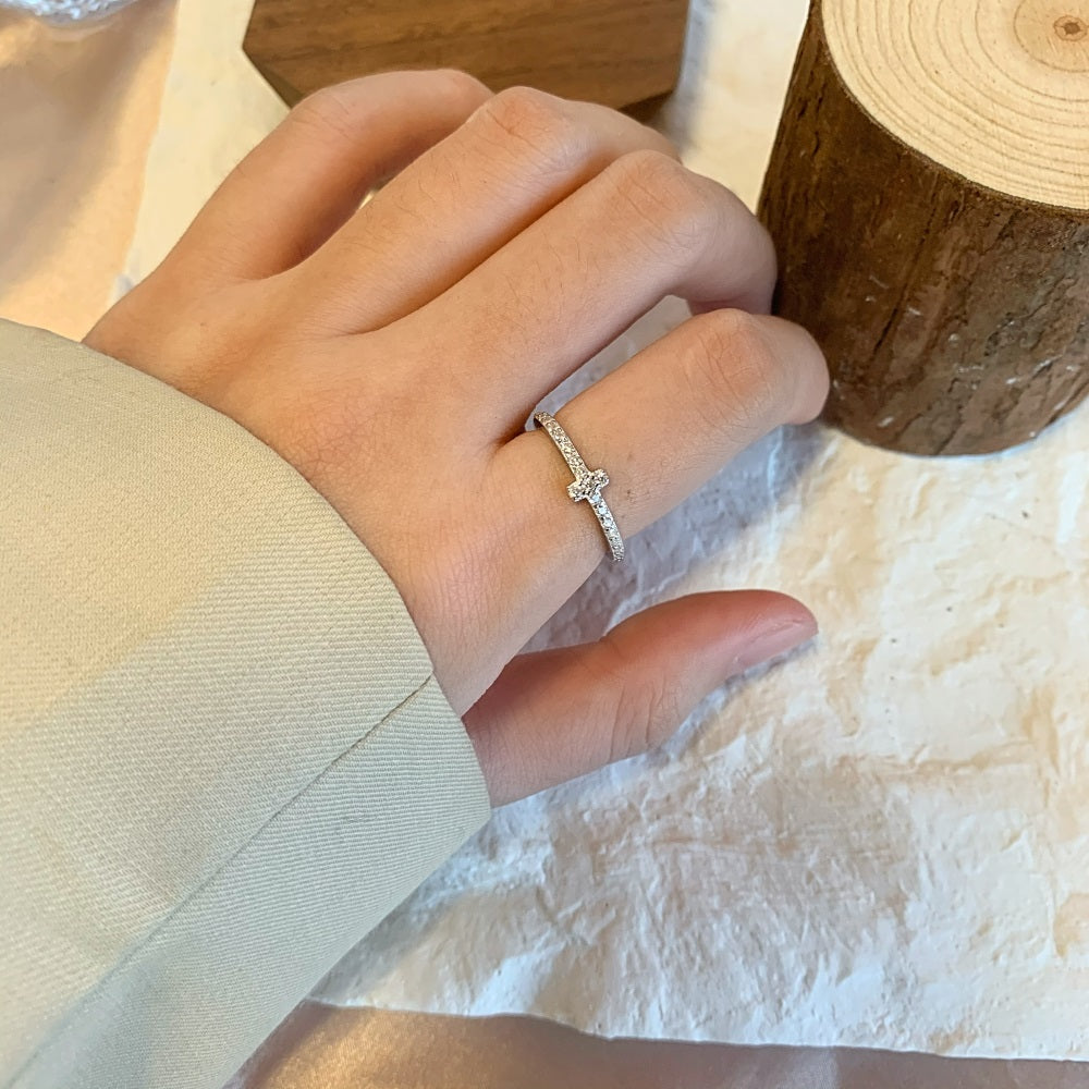 Silver Zircon Round Cut Cross Dainty Ring