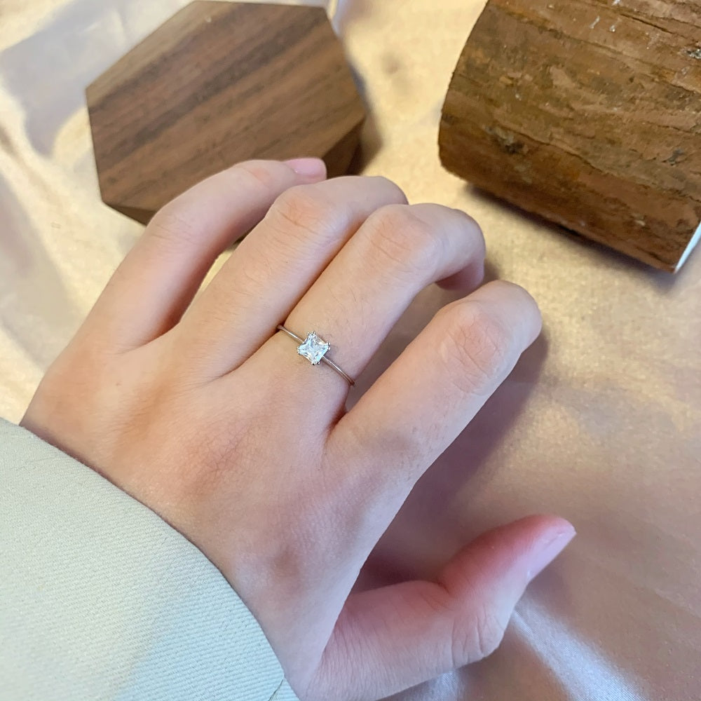 Silver Zircon Cushion Square Cut Simple Solitaire Ring