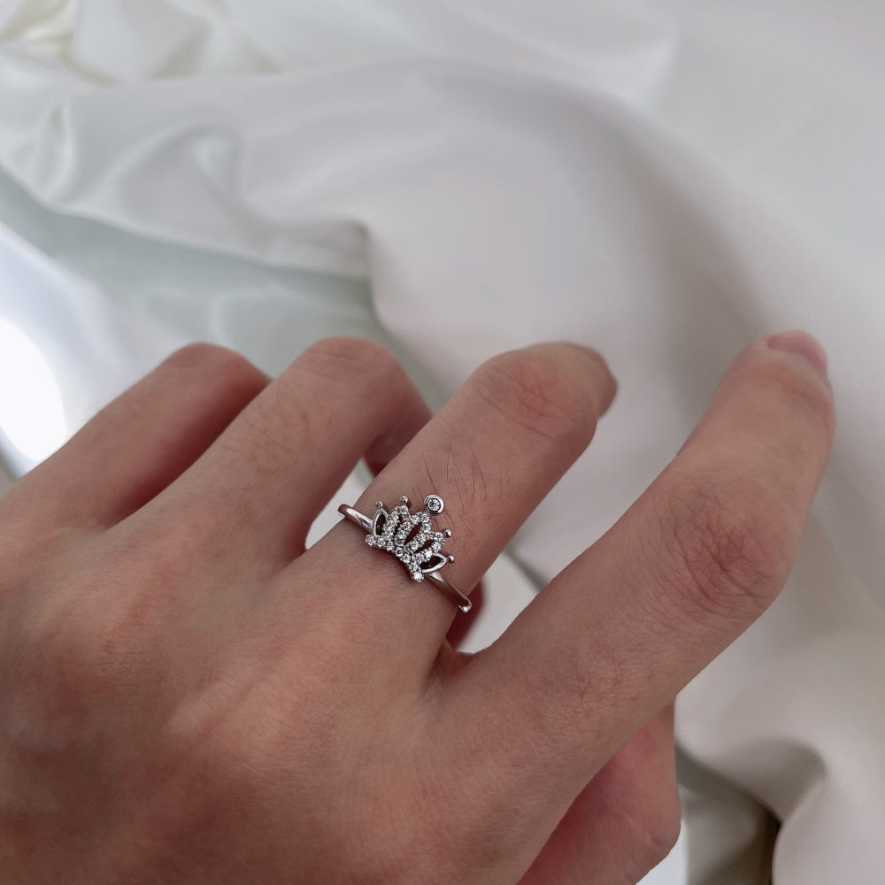 Silver Zircon Round Cut Princess Inlaid Crown Dainty Ring