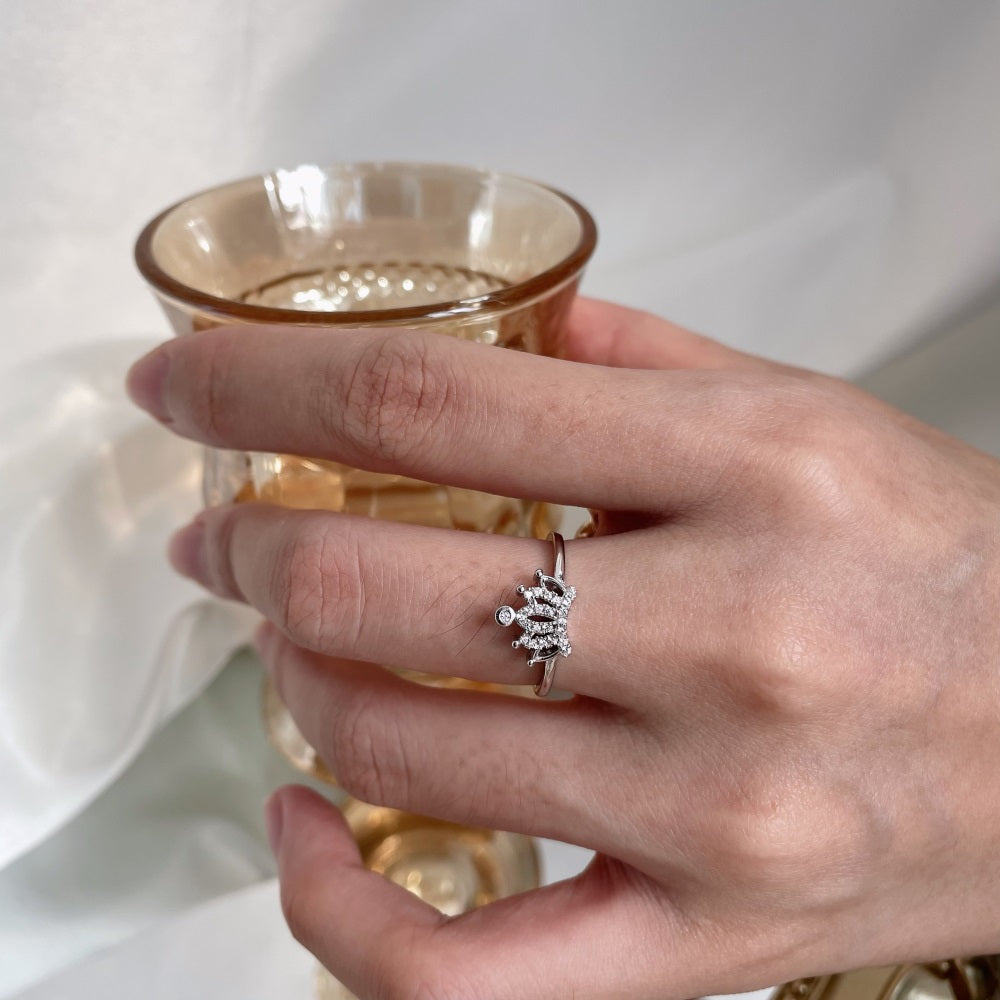 Silver Zircon Round Cut Princess Inlaid Crown Dainty Ring