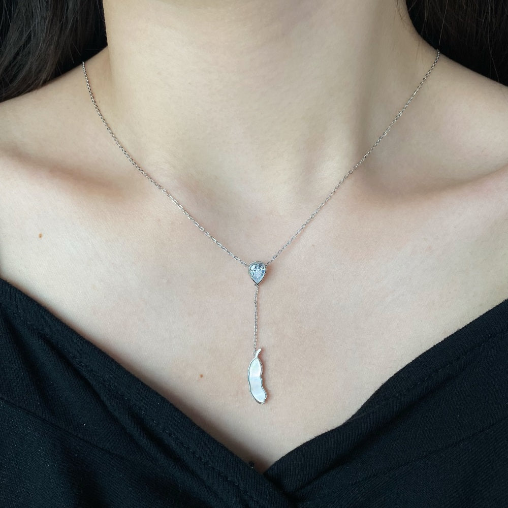 Silver Zircon Pear Cut Bean Pendant Necklace
