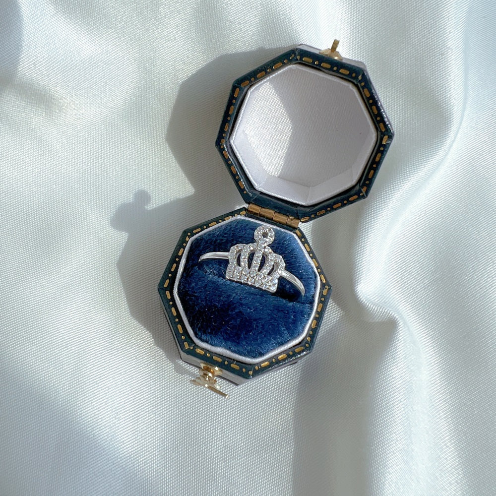 Silver Zircon Round Cut Iced Halo Crown Dainty Ring