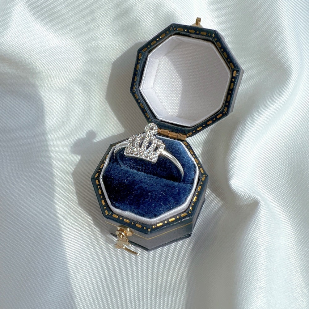 Silver Zircon Round Cut Iced Halo Crown Dainty Ring