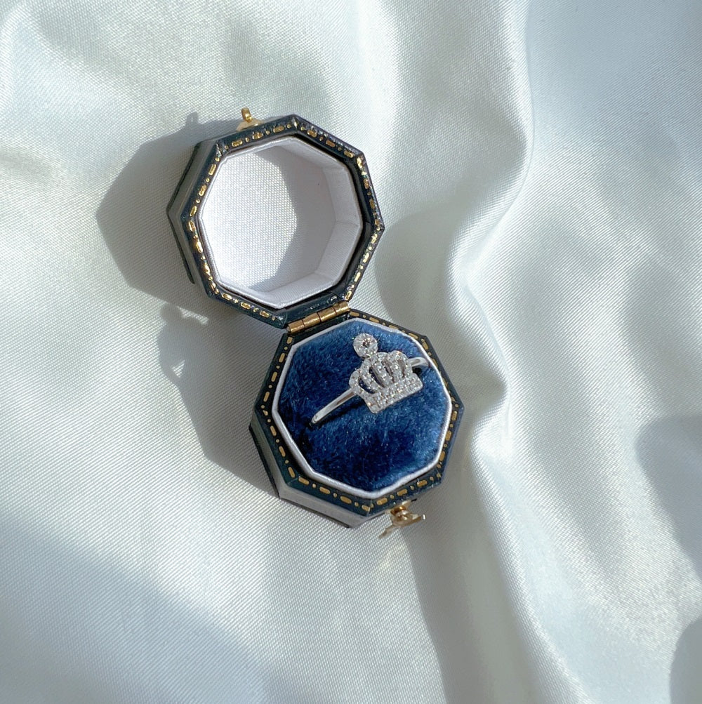 Silver Zircon Round Cut Iced Halo Crown Dainty Ring