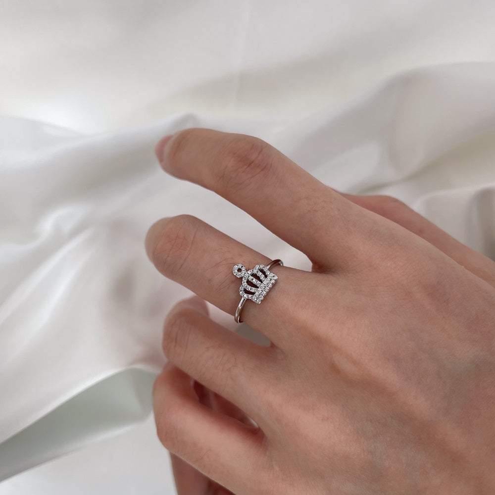 Silver Zircon Round Cut Iced Halo Crown Dainty Ring