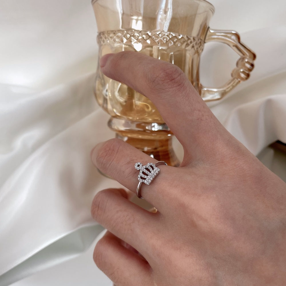 Silver Zircon Round Cut Iced Halo Crown Dainty Ring