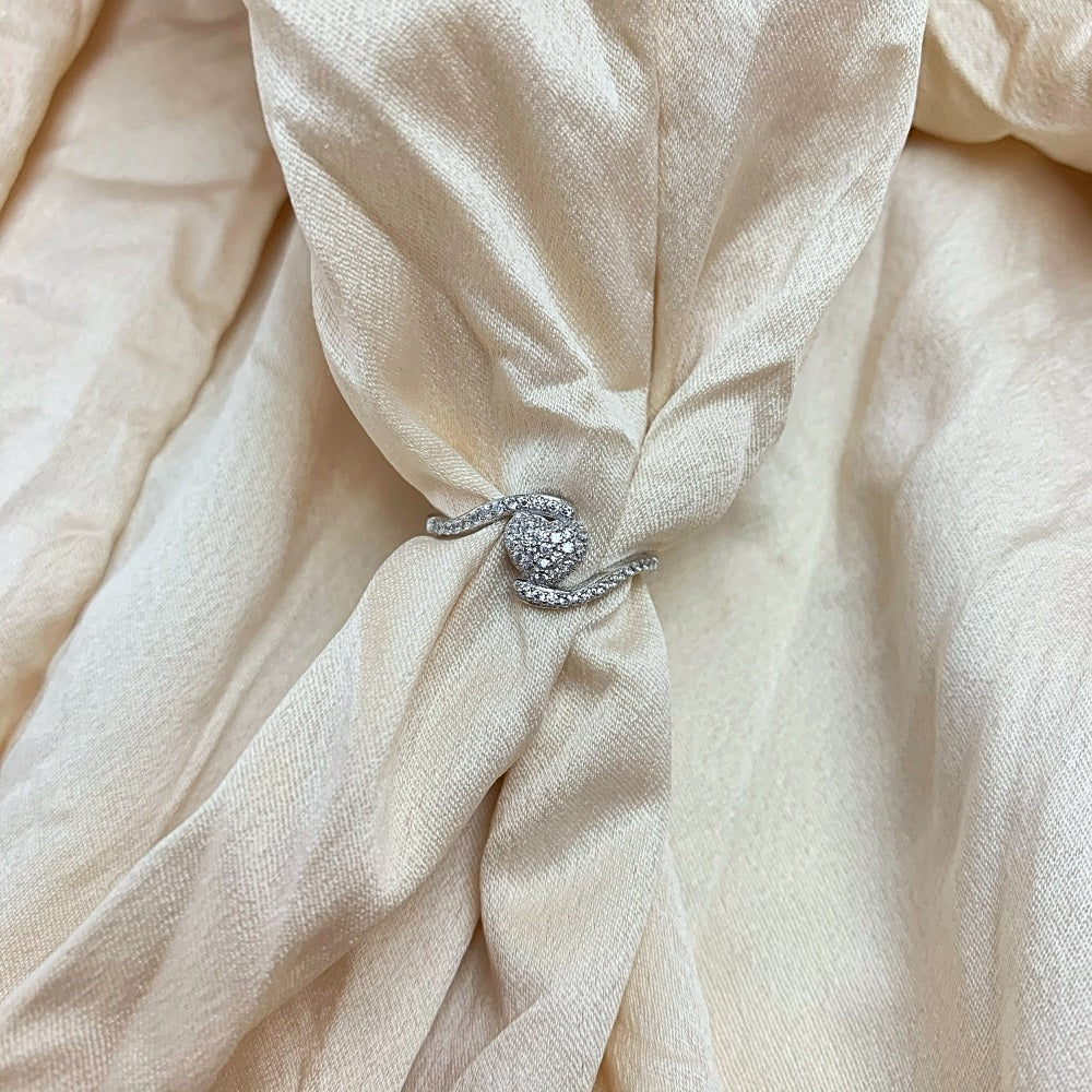 Silver Zircon Round Cut Twisted Iced Heart Bypass Ring