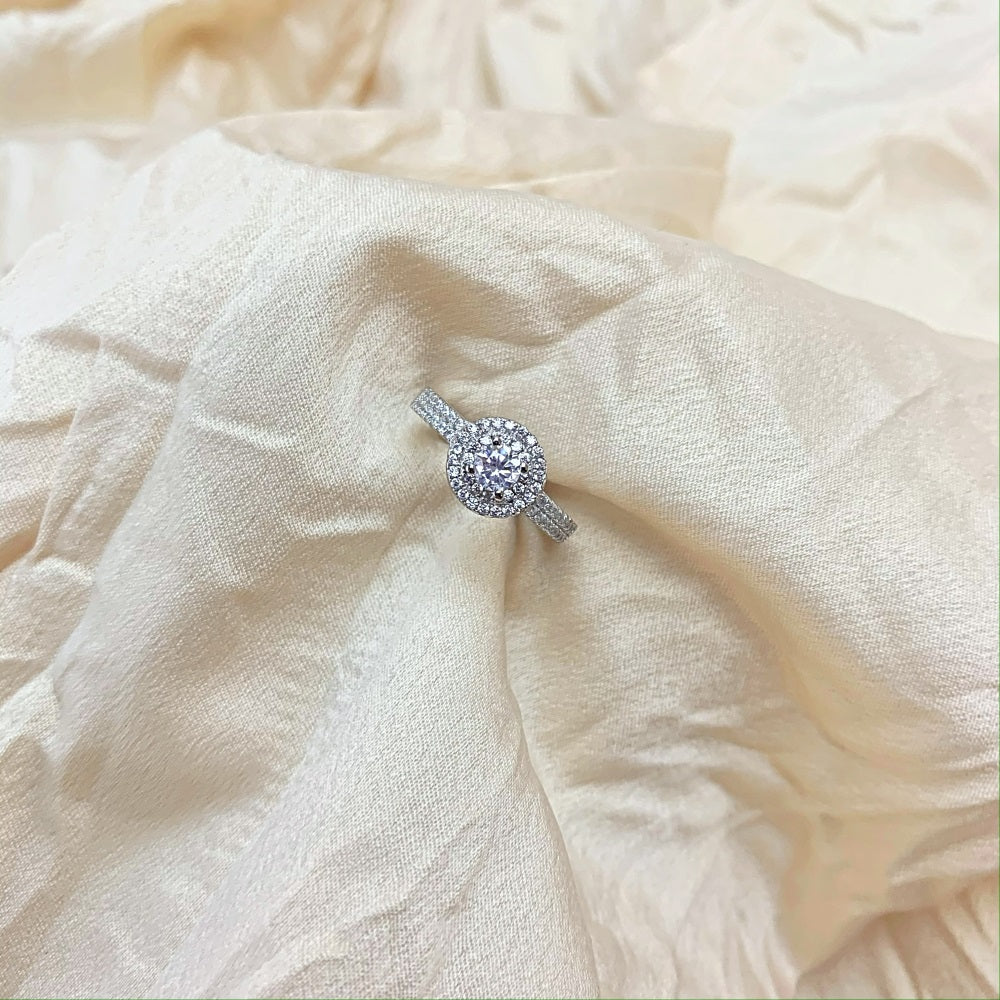Silver Zircon Round Cut Iced Wrapped Halo Ring