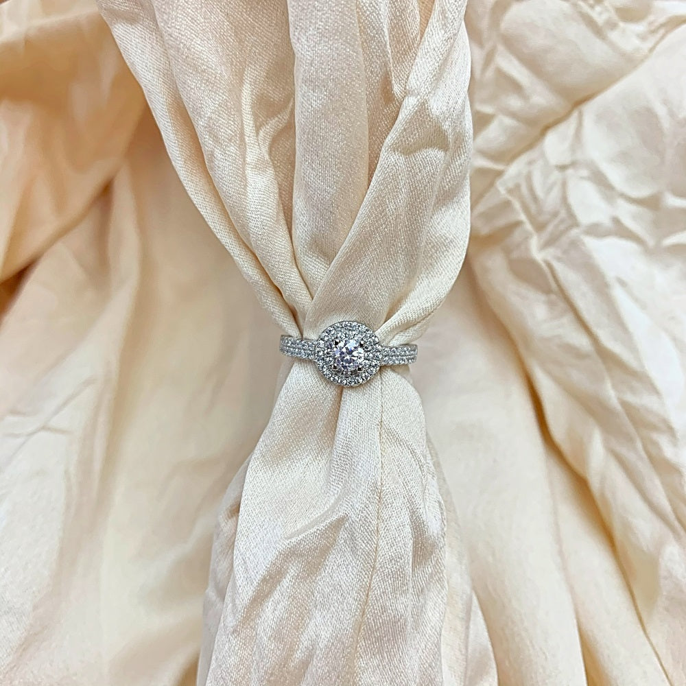 Silver Zircon Round Cut Iced Wrapped Halo Ring