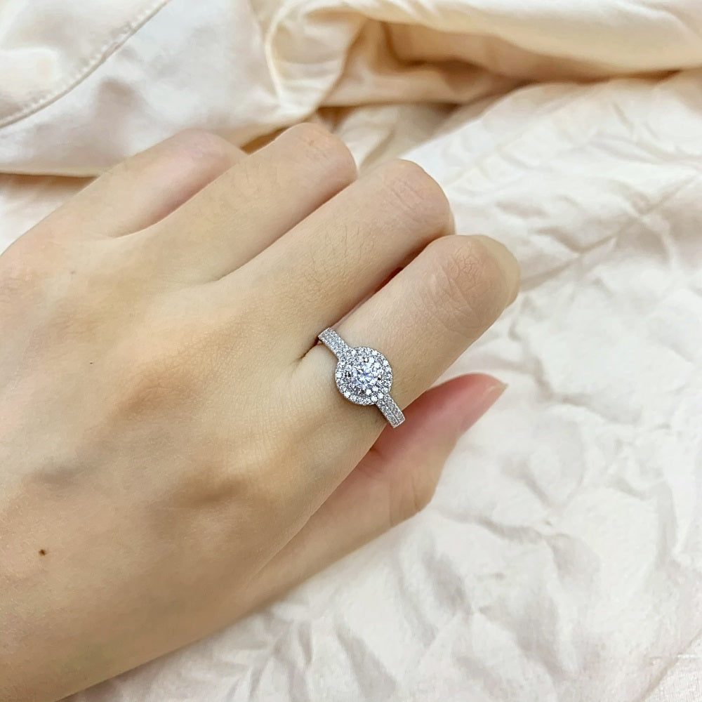 Silver Zircon Round Cut Iced Wrapped Halo Ring