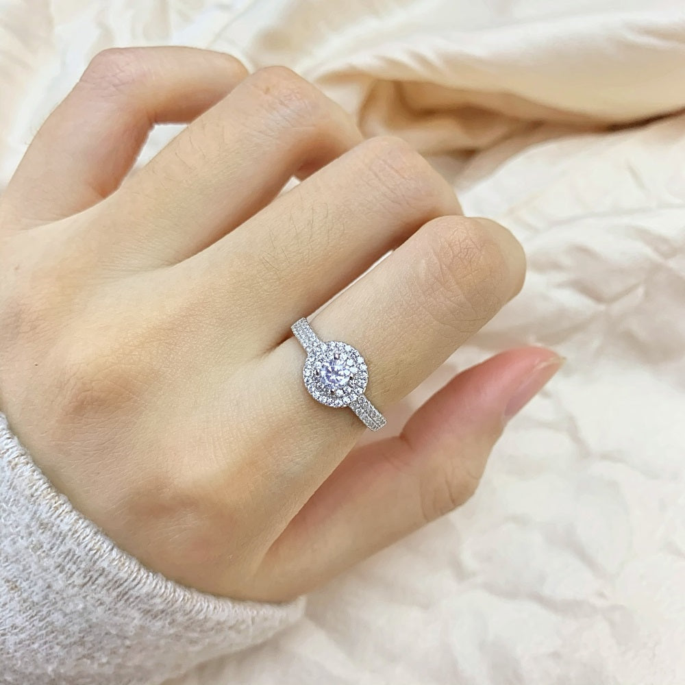 Silver Zircon Round Cut Iced Wrapped Halo Ring