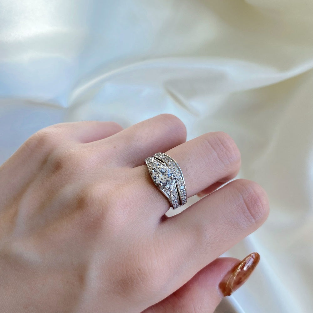 Silver Zircon Round Cut Duel Shape Halo Ring