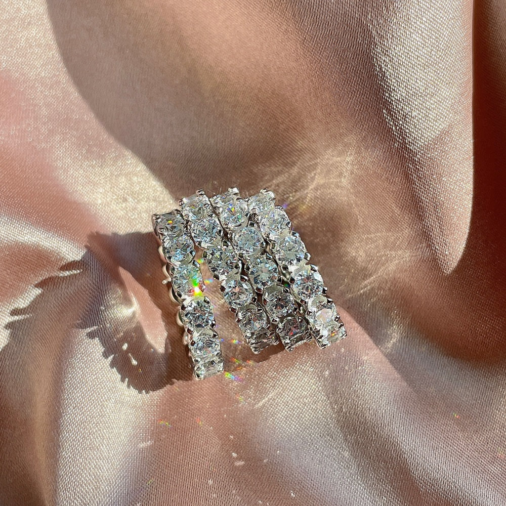 Silver Zircon Round Cut Wrapped Box Eternity Ring