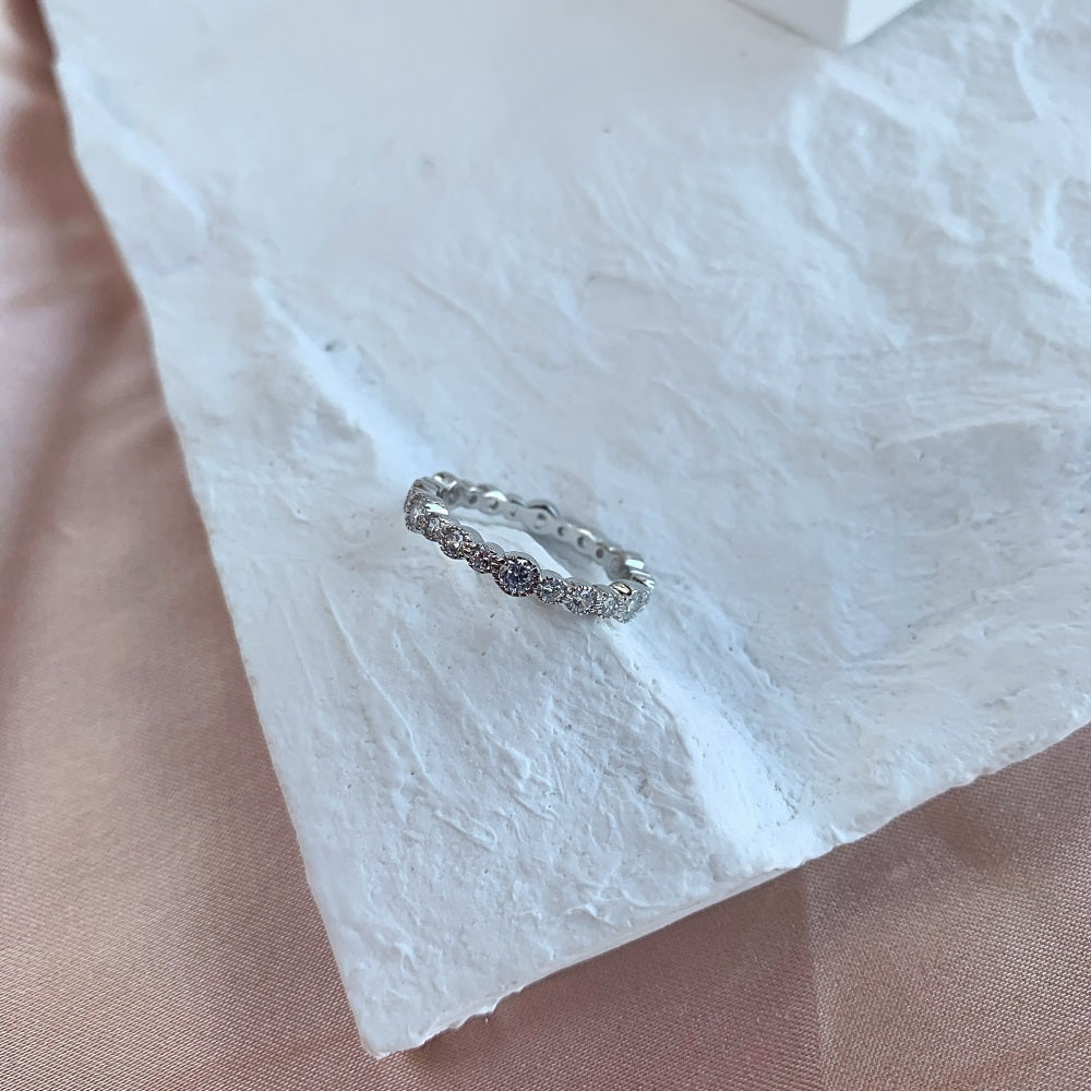 Silver Zircon Round Cut Thin Brushed Eternity Ring