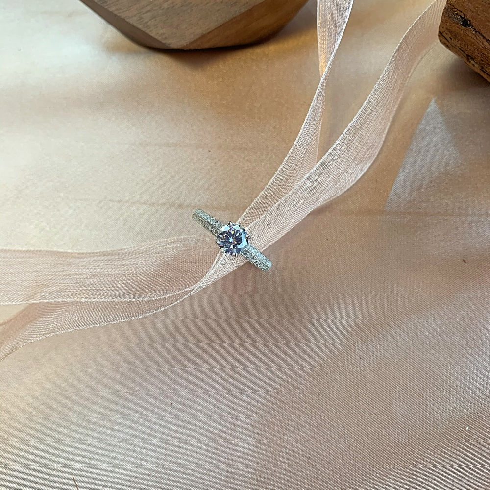 Silver Zircon Round Cut Inlaid Wrapped Solitaire Ring