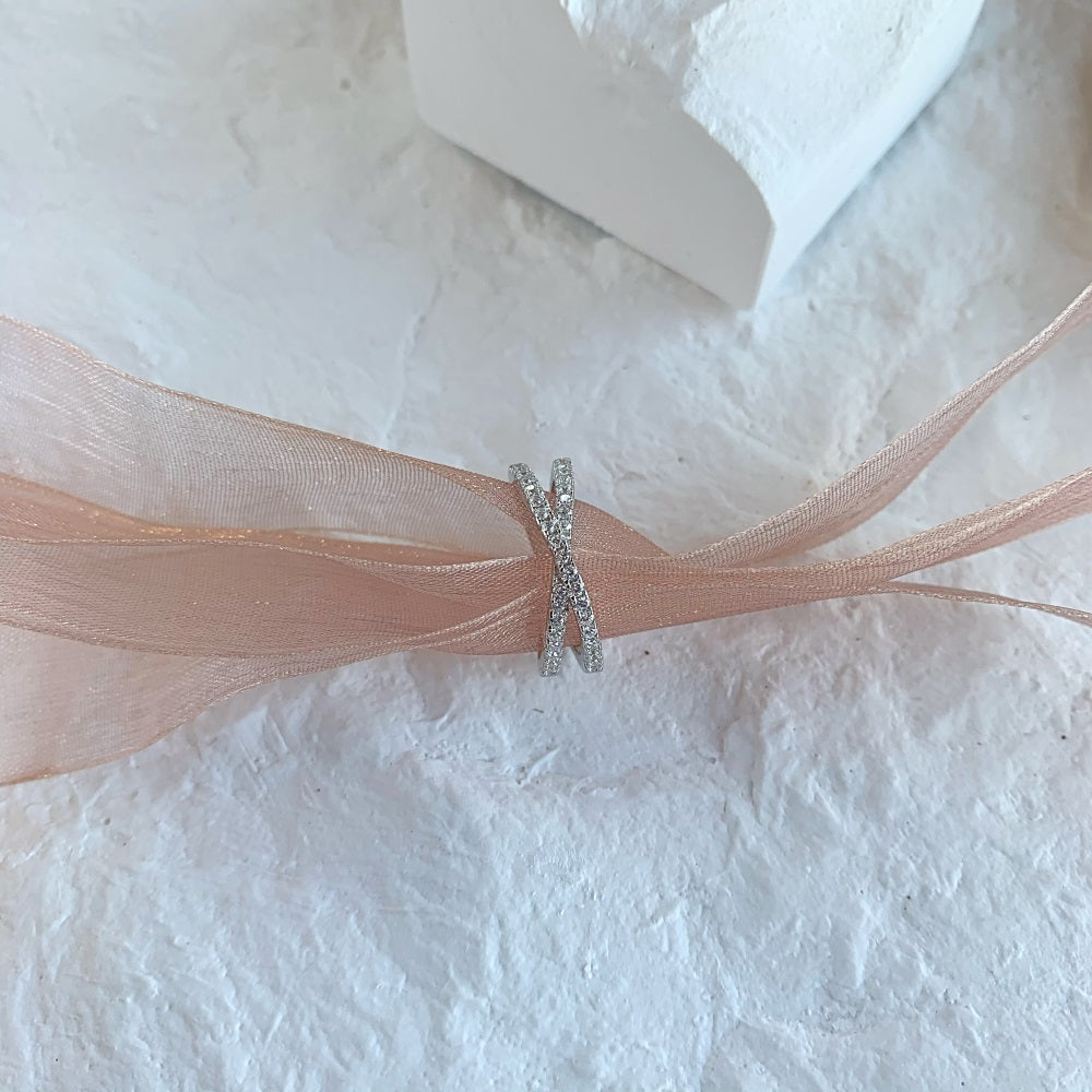 Silver Zircon Round Cut Inlaid Crossover Ring