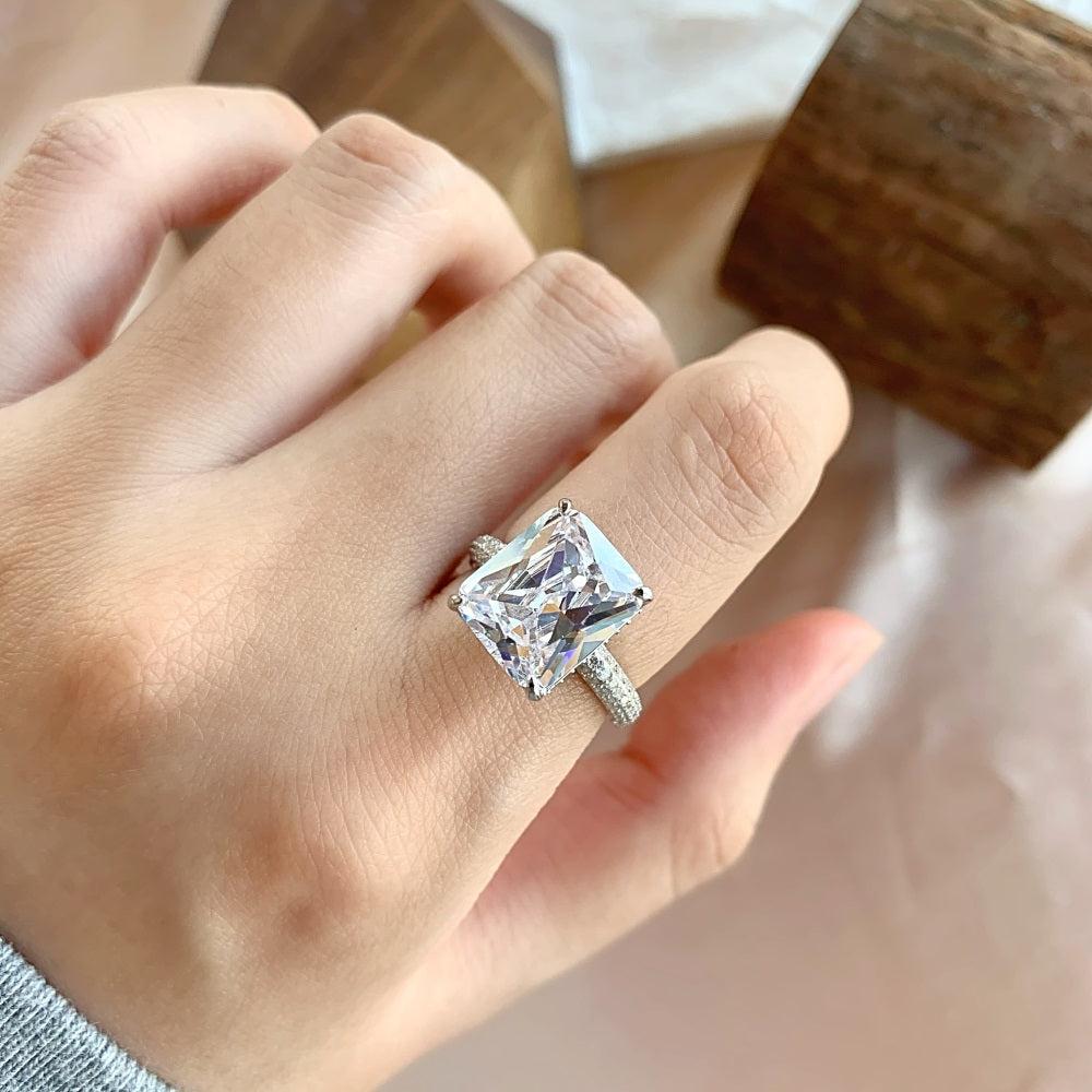 Silver Zircon Radiant Cut Iced Squared Solitaire Ring