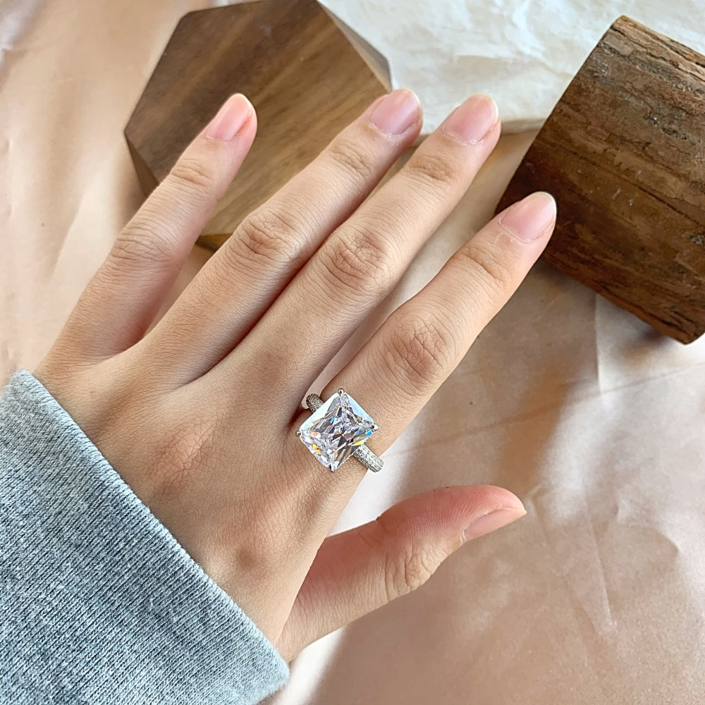 Silver Zircon Radiant Cut Iced Squared Solitaire Ring