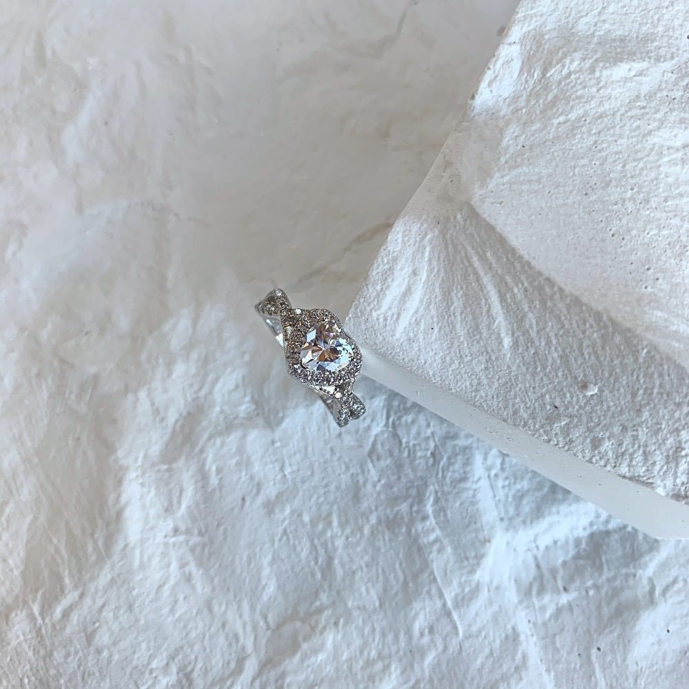 Silver Zircon Heart Cut Iced Twisted Halo Ring