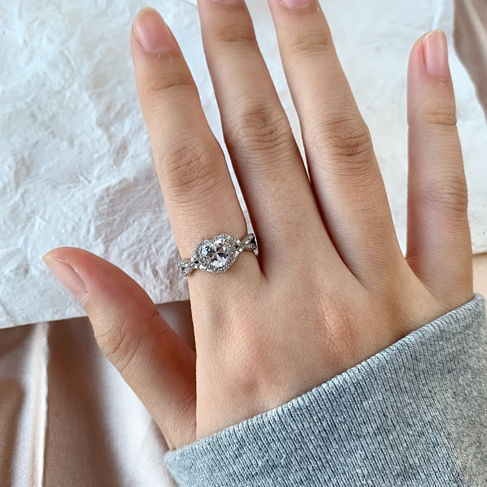 Silver Zircon Heart Cut Iced Twisted Halo Ring