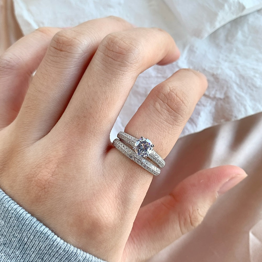 Silver Zircon Round Cut Iced Duel Wedding Ring