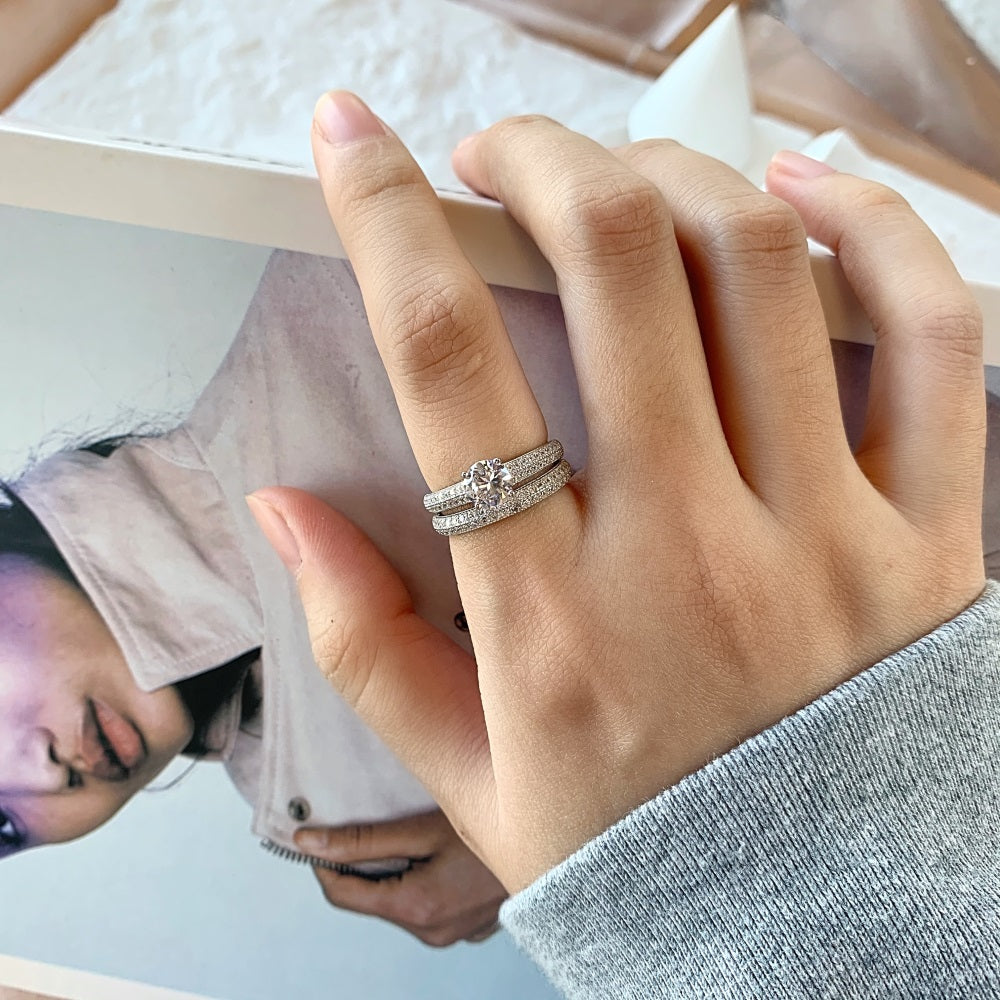 Silver Zircon Round Cut Iced Duel Wedding Ring