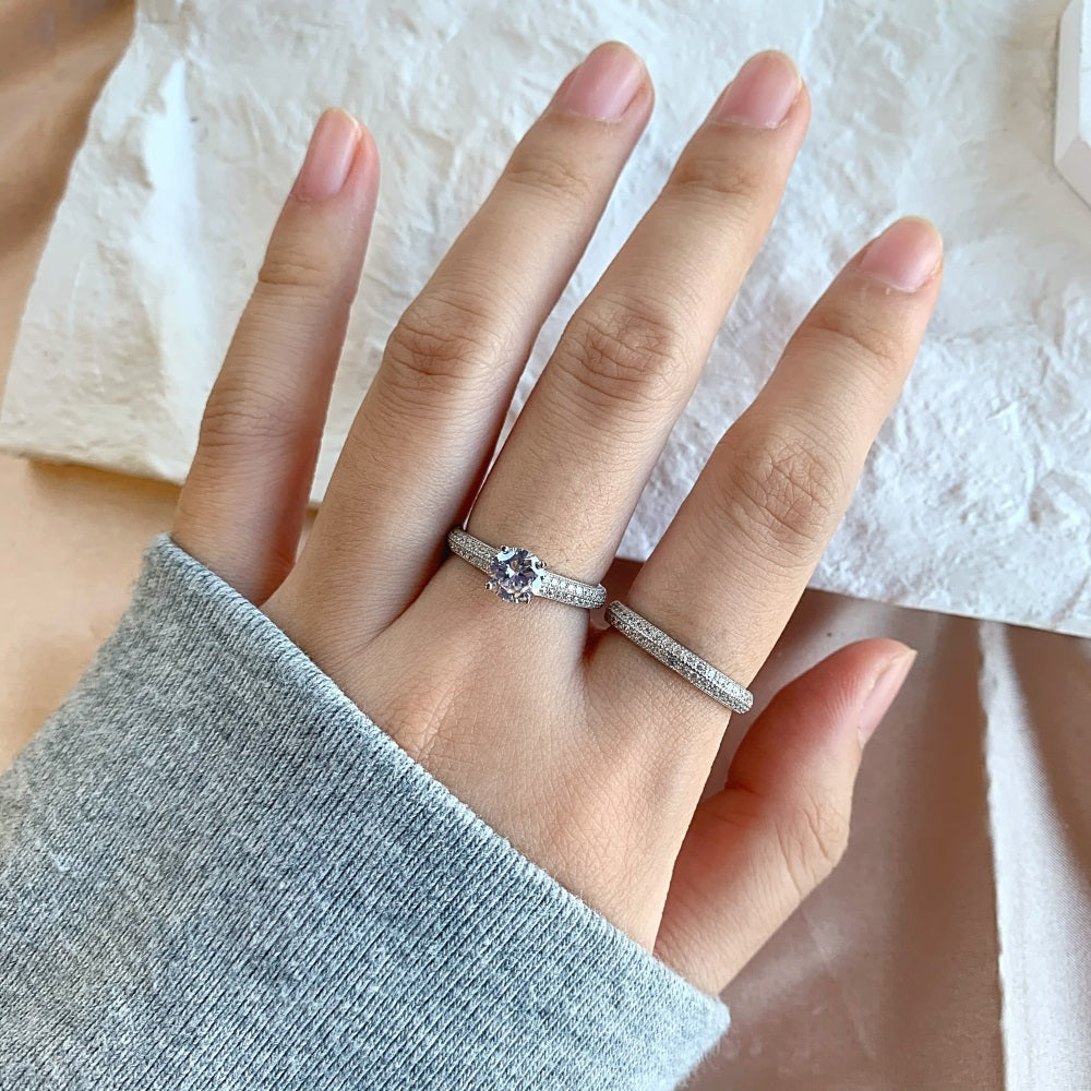 Silver Zircon Round Cut Iced Duel Wedding Ring