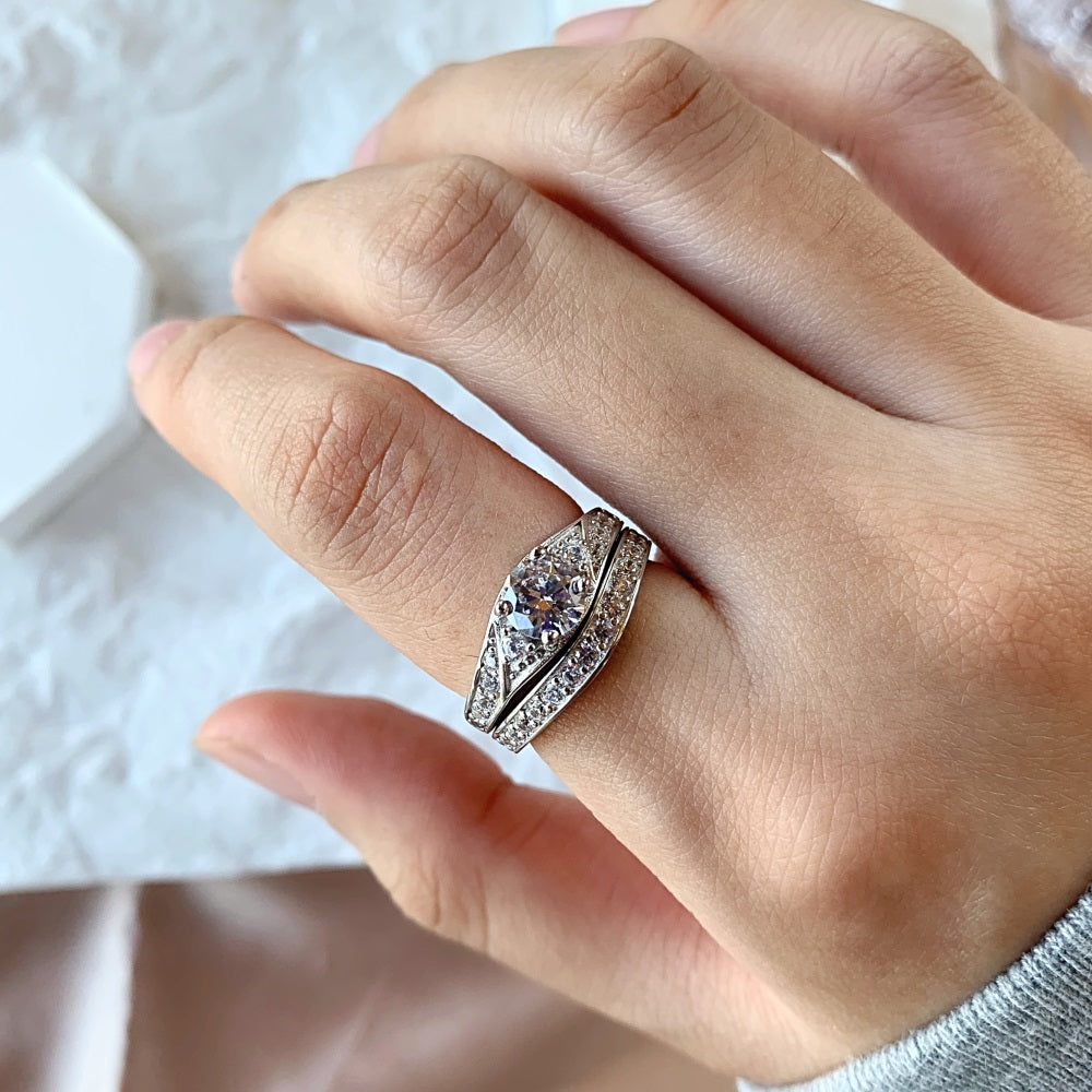 Silver Zircon Round Cut Duel Shape Halo Ring