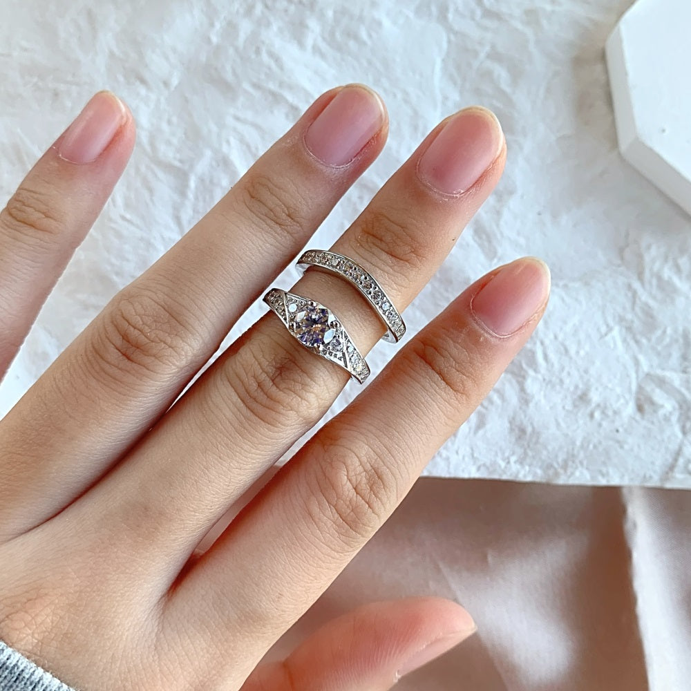 Silver Zircon Round Cut Duel Shape Halo Ring