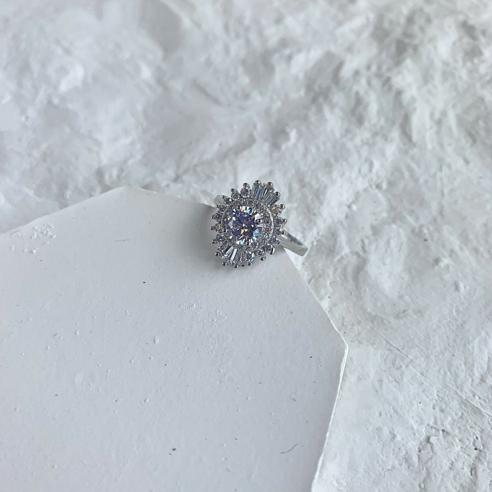 Silver Zircon Round Cut Iced Oval Layered Halo Ring