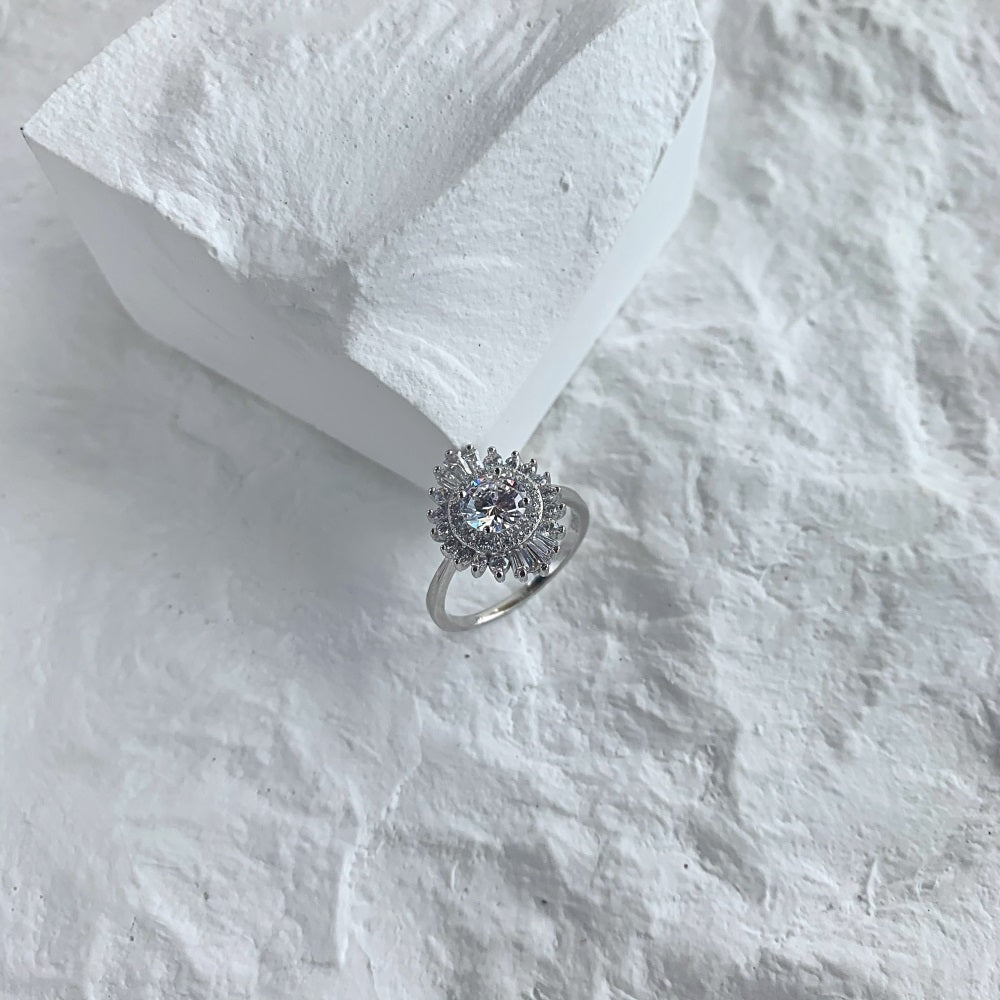 Silver Zircon Round Cut Iced Oval Layered Halo Ring