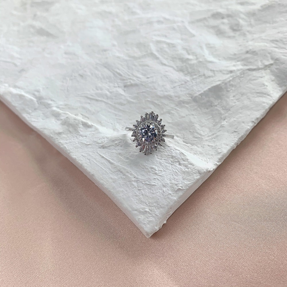 Silver Zircon Round Cut Iced Oval Layered Halo Ring