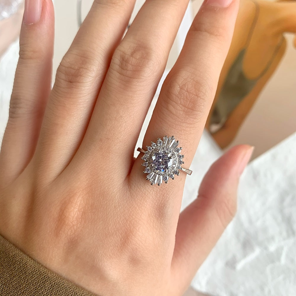 Silver Zircon Round Cut Iced Oval Layered Halo Ring