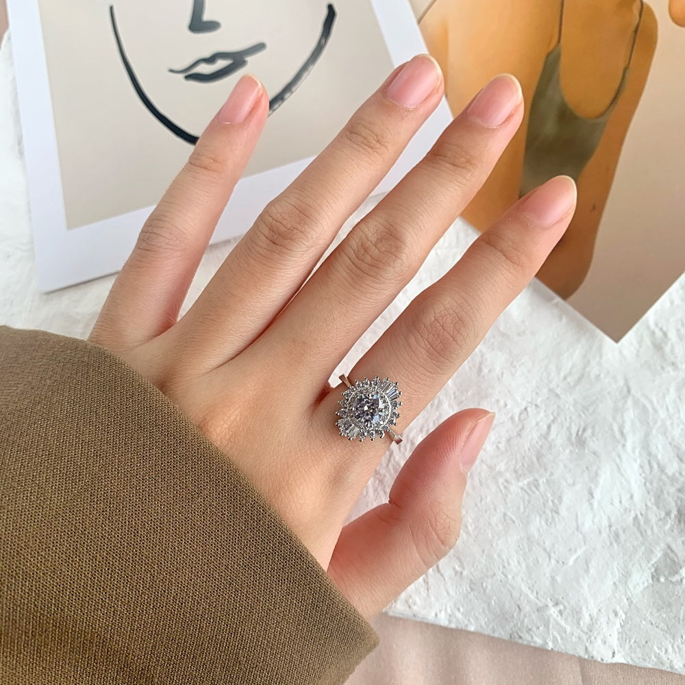 Silver Zircon Round Cut Iced Oval Layered Halo Ring