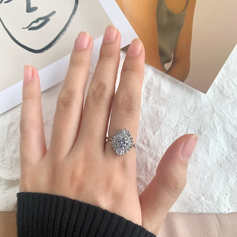 Silver Zircon Round Cut Iced Oval Layered Halo Ring