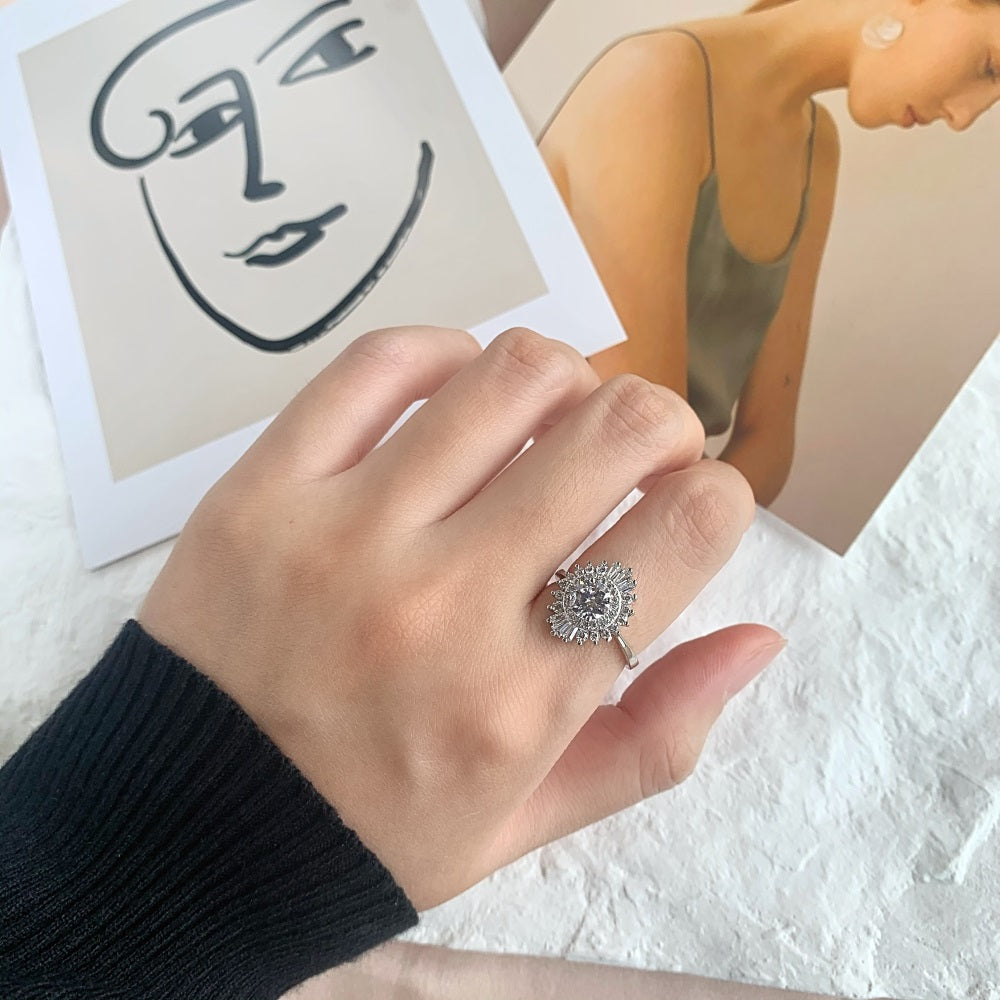 Silver Zircon Round Cut Iced Oval Layered Halo Ring