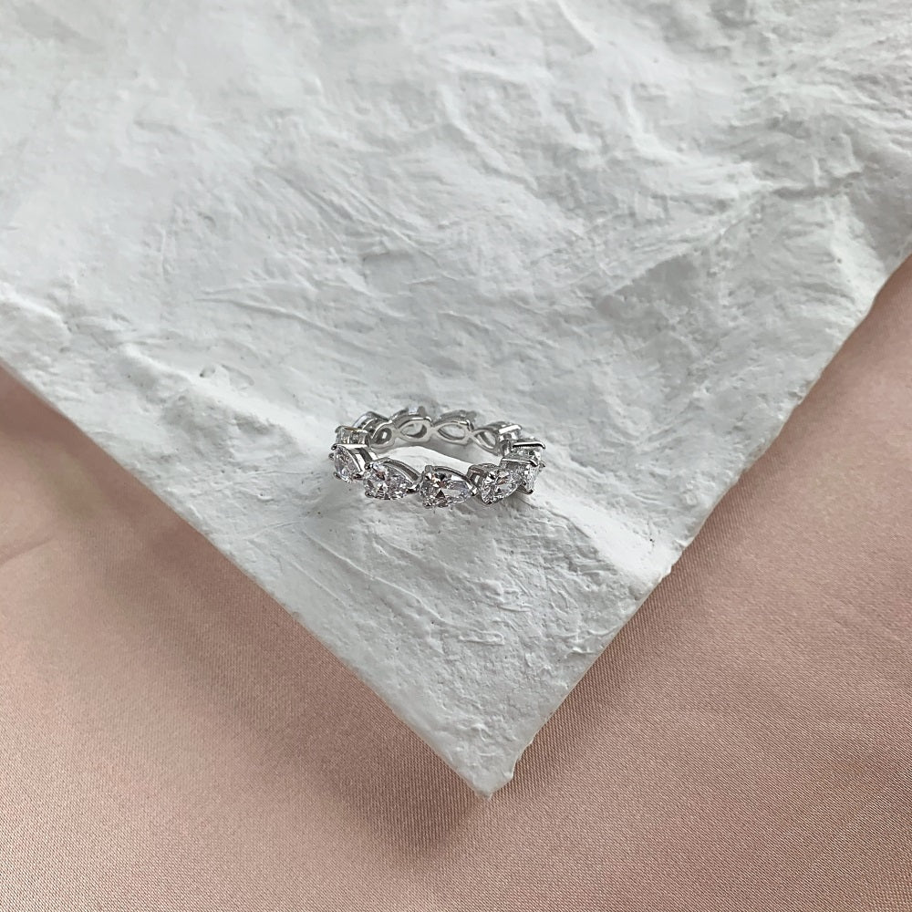 Silver Zircon Pear Cut Wrapped Water Drop Eternity Ring