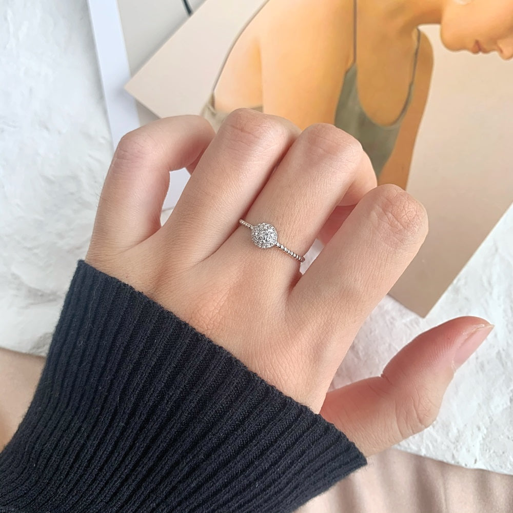 Silver Zircon Round Cut Twisted Dots Halo Ring